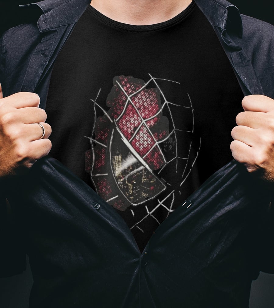 Spider Man Mask With City Skyline Reflection In Night Sketch Lines T-Shirt