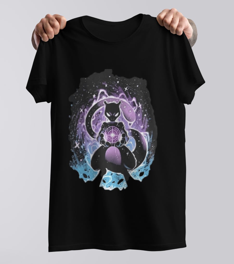 Mewtwo Cosmic Purple Energy Sphere Galaxy Stars Blue Flames T-Shirt