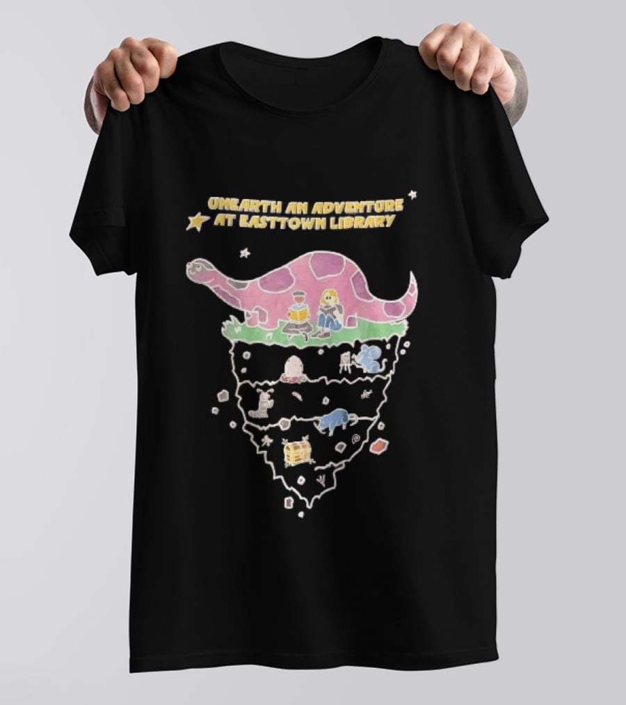 Unearth An Adventure At Easttown Library Pink Dinosaur Journey T-Shirt