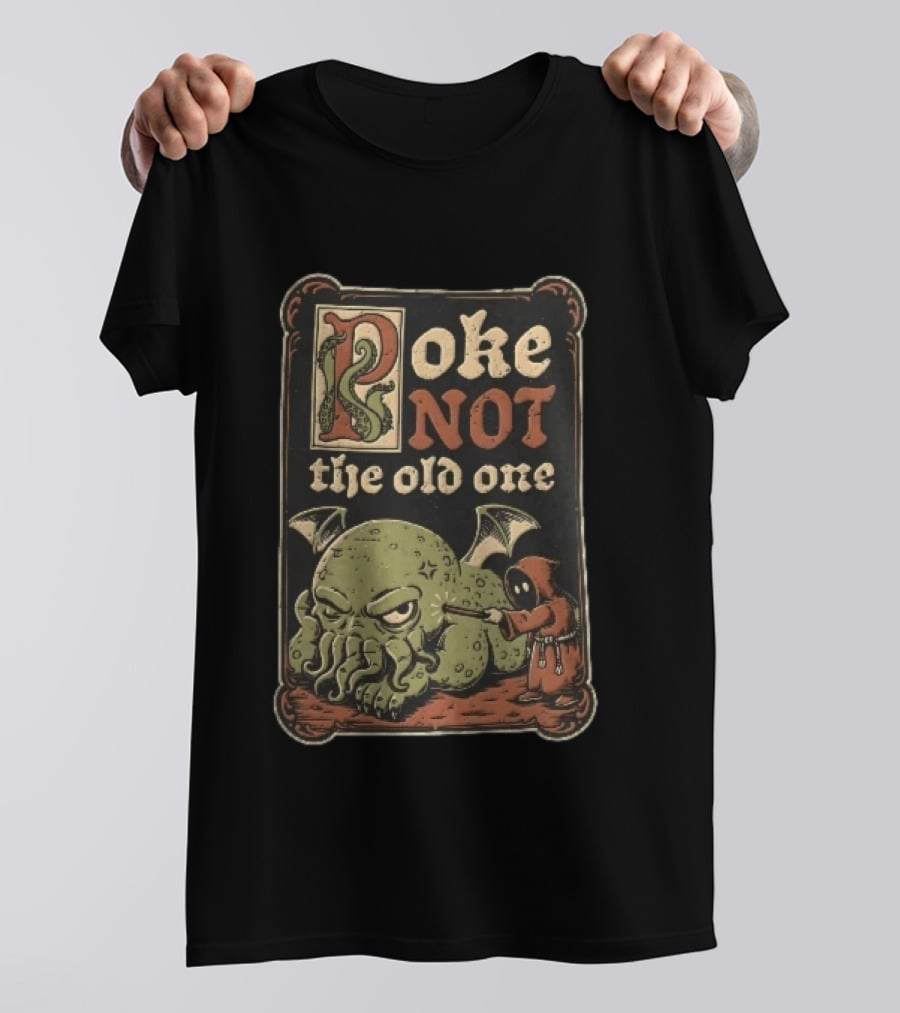 Poke Not The Old One Chibi Cthulhu Hooded Cultist Poking Stick Cartoon Frame T-Shirt