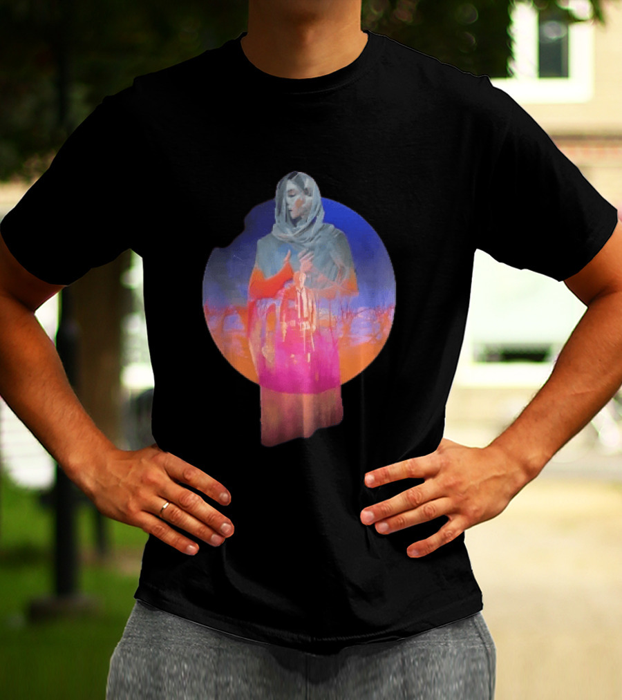 Veiled Hooded Cloak Double Exposure Bare Trees Glowing Sunset Globe T-Shirt