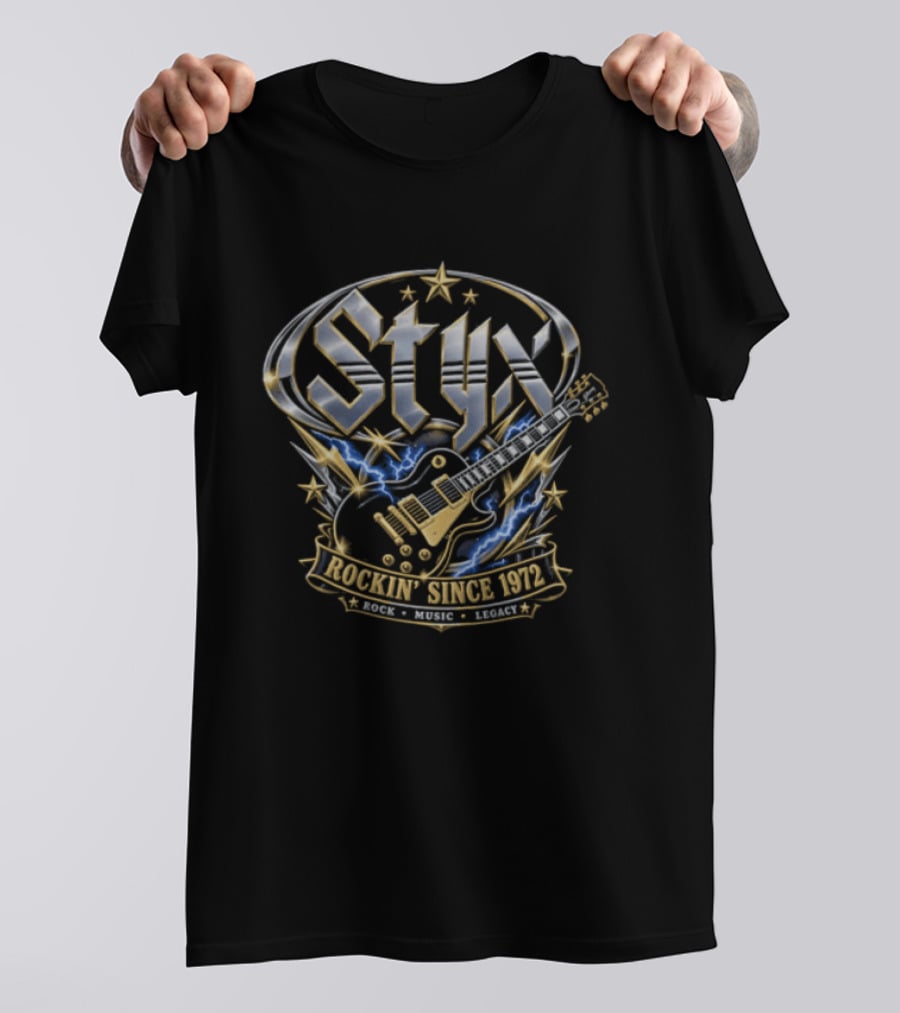 Styx Rockin Since 1972 Electric Guitar Lightning Metallic Crest T-Shirt