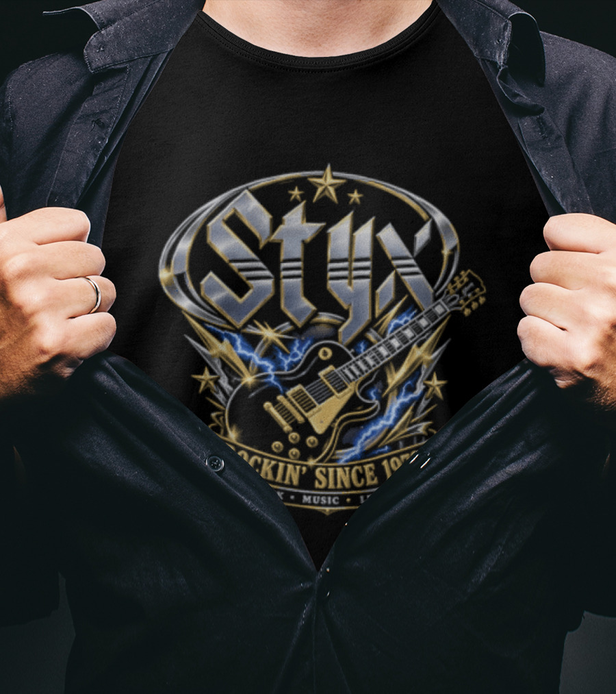 Styx Rockin Since 1972 Electric Guitar Lightning Metallic Crest T-Shirt