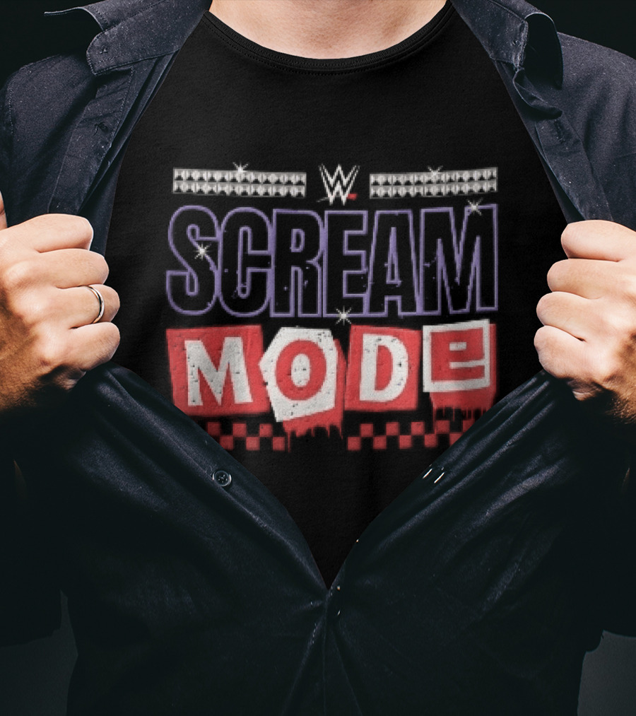 Scream Mode WWE Silver Studs Red Cutout Dripping Blocks Checkered T-Shirt