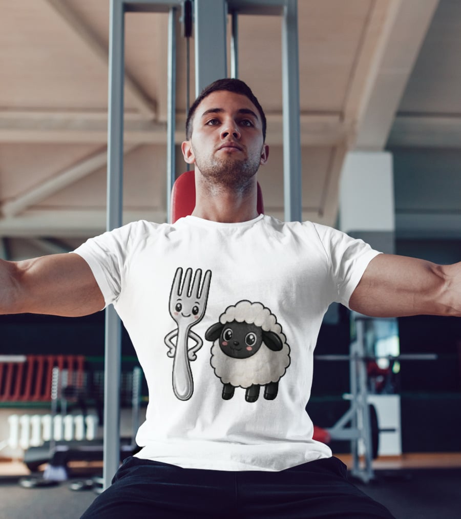 Chibi Style Silver Fork And Cute Black Faced Lamb Cartoon T-Shirt