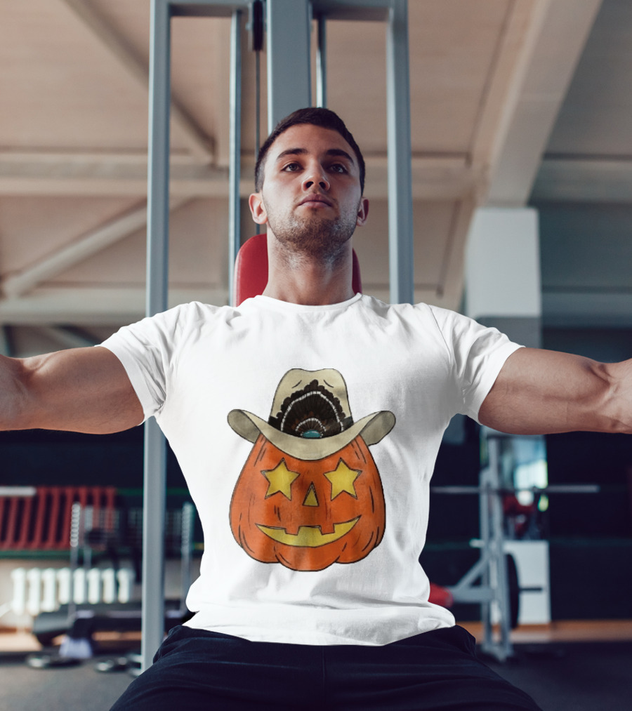 Starry Eyed Jack O Lantern Pumpkin Cowboy Hat Feather T-Shirt