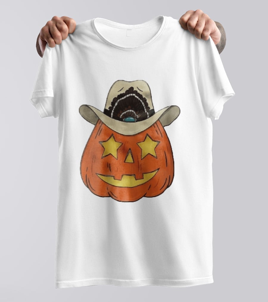 Starry Eyed Jack O Lantern Pumpkin Cowboy Hat Feather T-Shirt