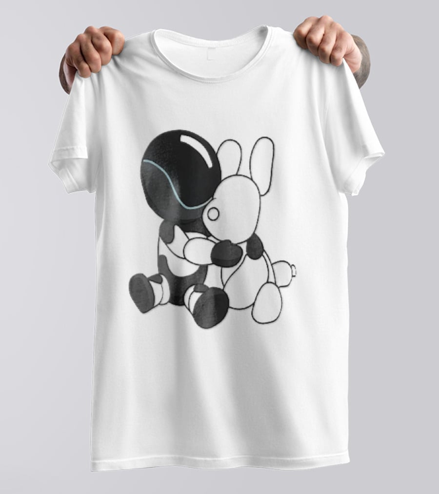 Cartoon Robot Embracing White Bunny Plush Toy T-Shirt