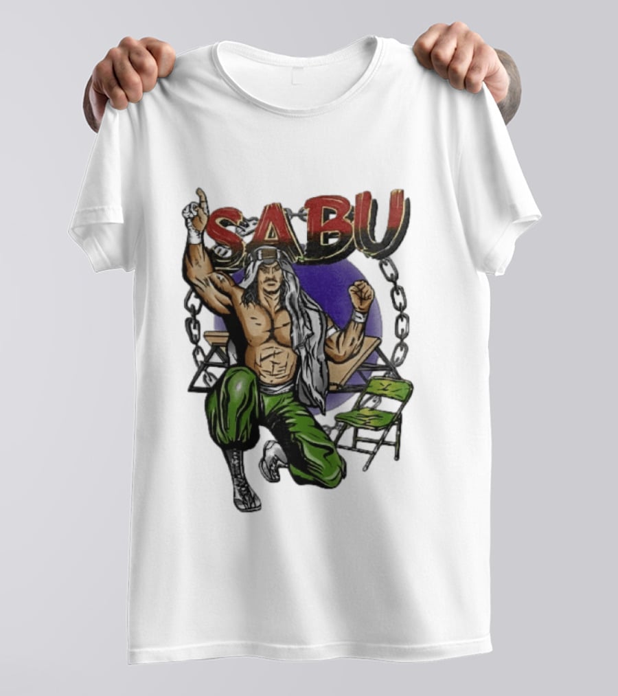 Sabu Terry Brunk Cartoon Kneeling Pose Green Chair Wooden Table Chains T-Shirt