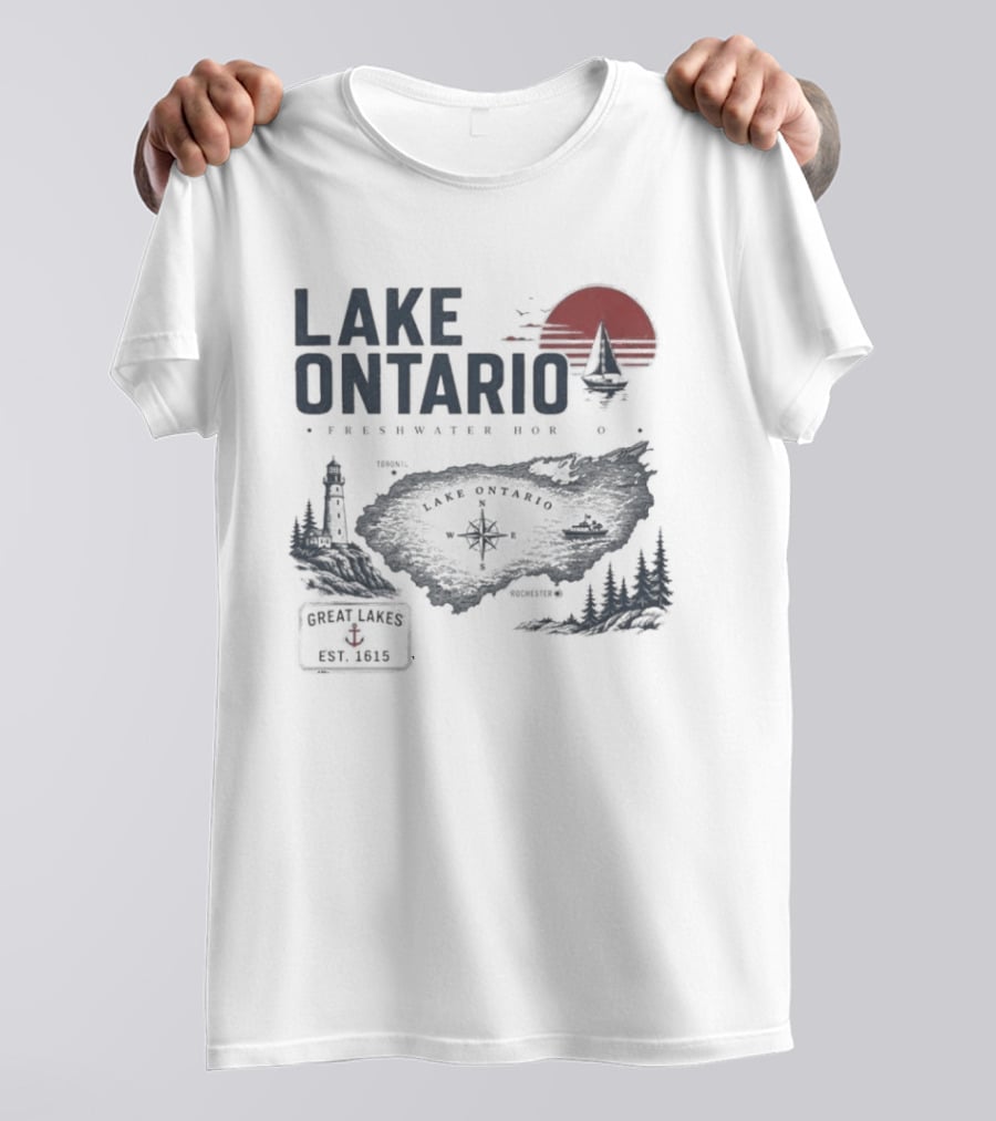 Lake Ontario Rochester Great Lakes Est 1615 Vintage Scenic Sunset License Plate Anchored Sailboat Lighthouse T-Shirt
