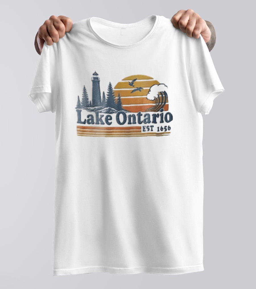 Lake Ontario Est 1656 Sunset Lighthouse Pine Trees Wave Scene T-Shirt