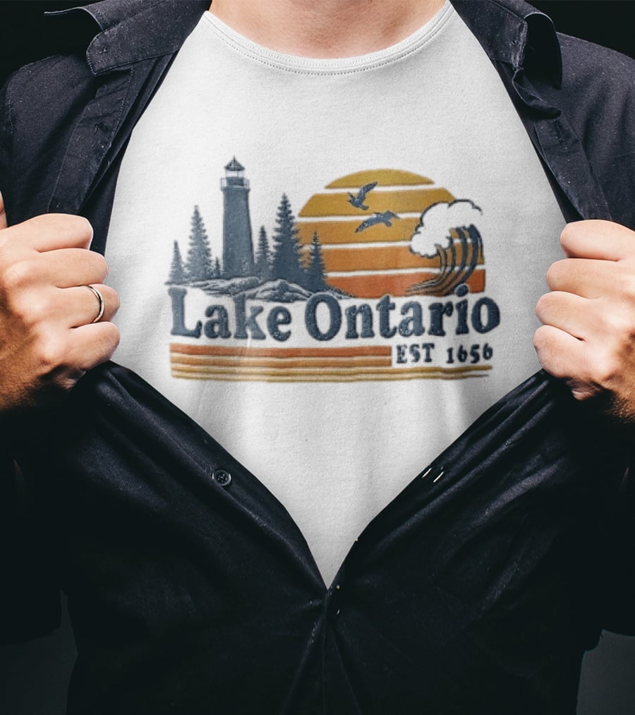 Lake Ontario Est 1656 Sunset Lighthouse Pine Trees Wave Scene T-Shirt