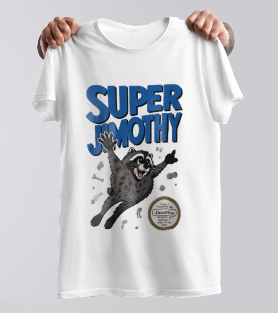 Super Jimothy Cartoon Flying Raccoon Trash Scraps Gold Seal T-Shirt