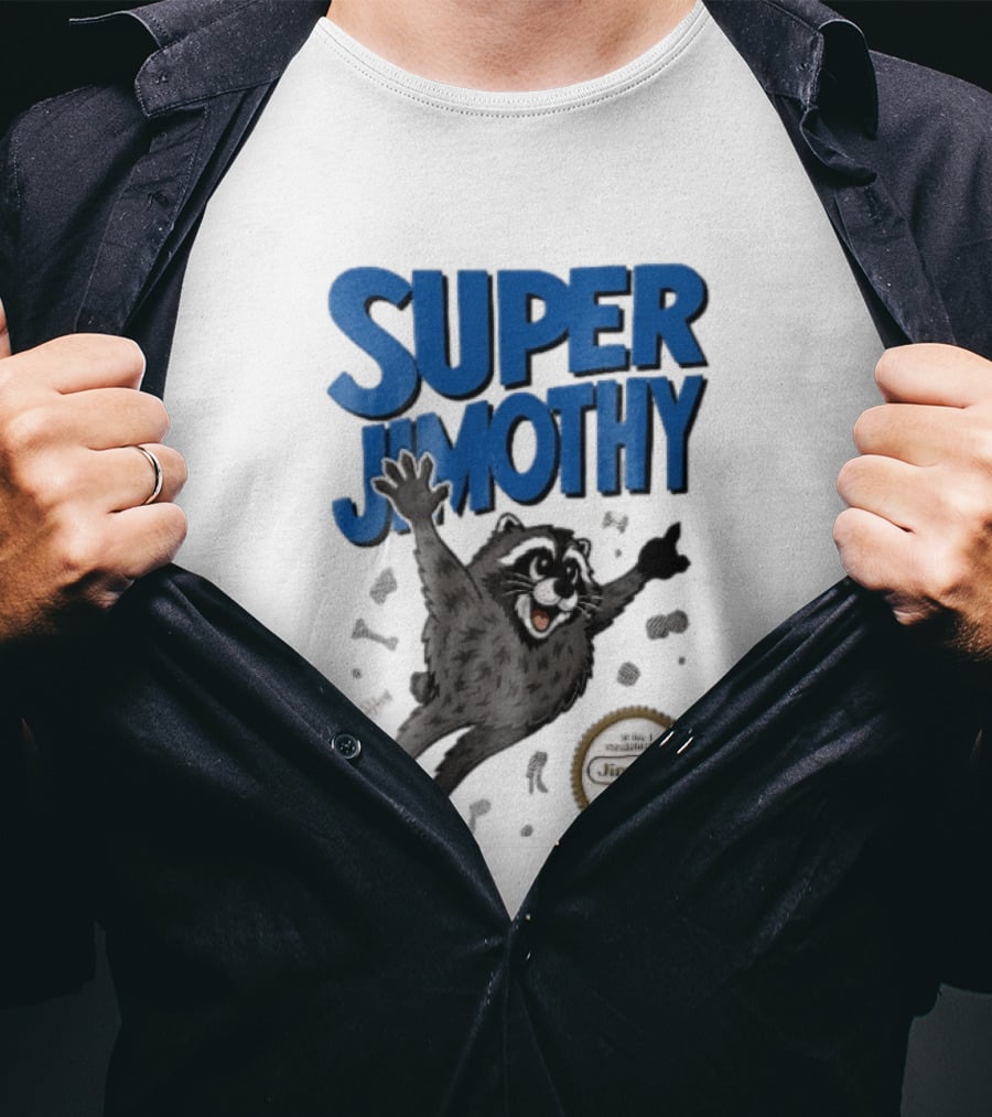 Super Jimothy Cartoon Flying Raccoon Trash Scraps Gold Seal T-Shirt