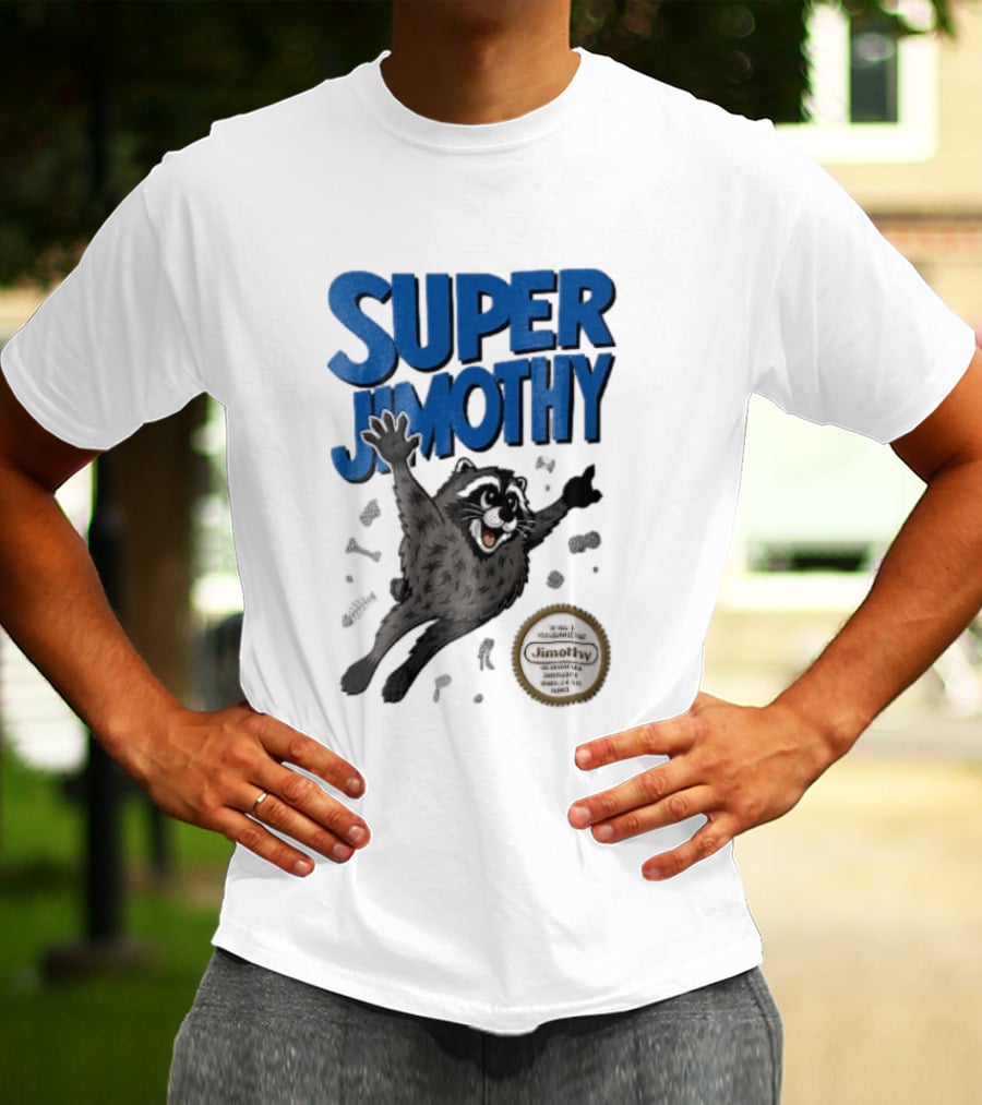 Super Jimothy Cartoon Flying Raccoon Trash Scraps Gold Seal T-Shirt