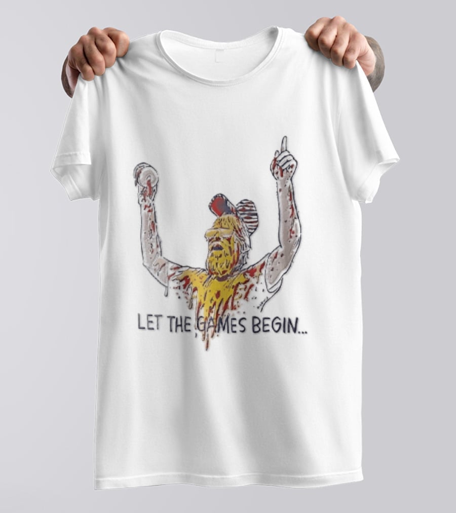 Let The Games Begin Caricature Beard Sunglasses Dripping Mustard Ketchup Line Arms Raised T-Shirt