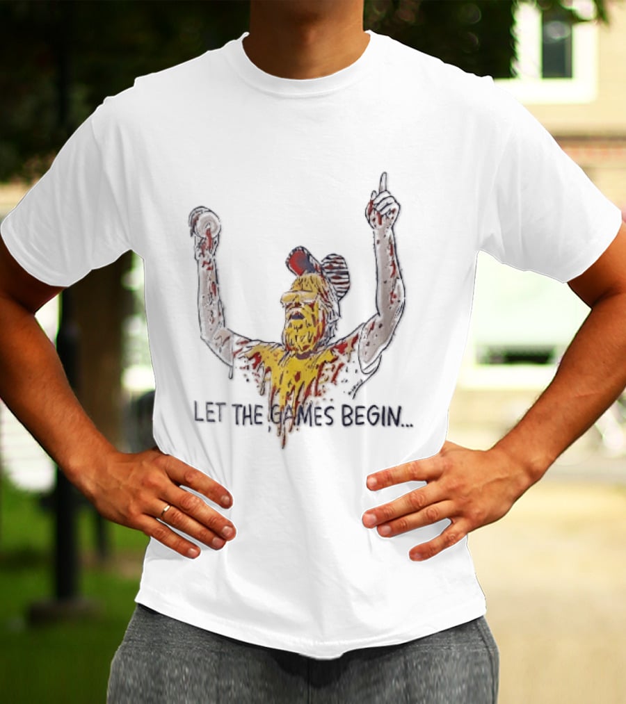 Let The Games Begin Caricature Beard Sunglasses Dripping Mustard Ketchup Line Arms Raised T-Shirt