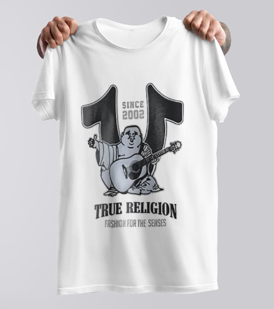 True Religion Since 2002 Laughing Buddha Playing Acoustic Guitar Horseshoe Fashion For The Senses T-Shirt