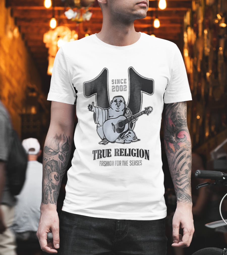 True Religion Since 2002 Laughing Buddha Playing Acoustic Guitar Horseshoe Fashion For The Senses T-Shirt