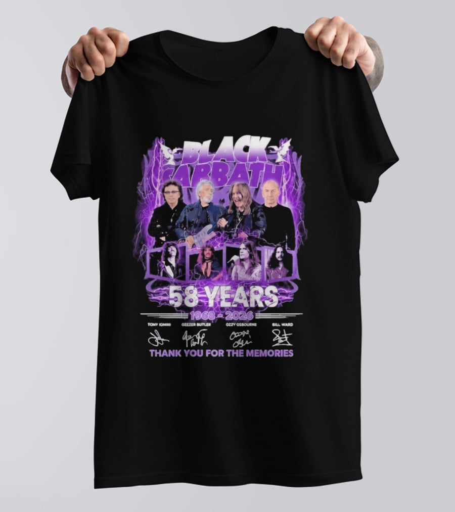 Black Sabbath 58 Years 1968 2026 Tony Iommi Geezer Butler Ozzy Osbourne Bill Ward Thank You For The Memories T-Shirt