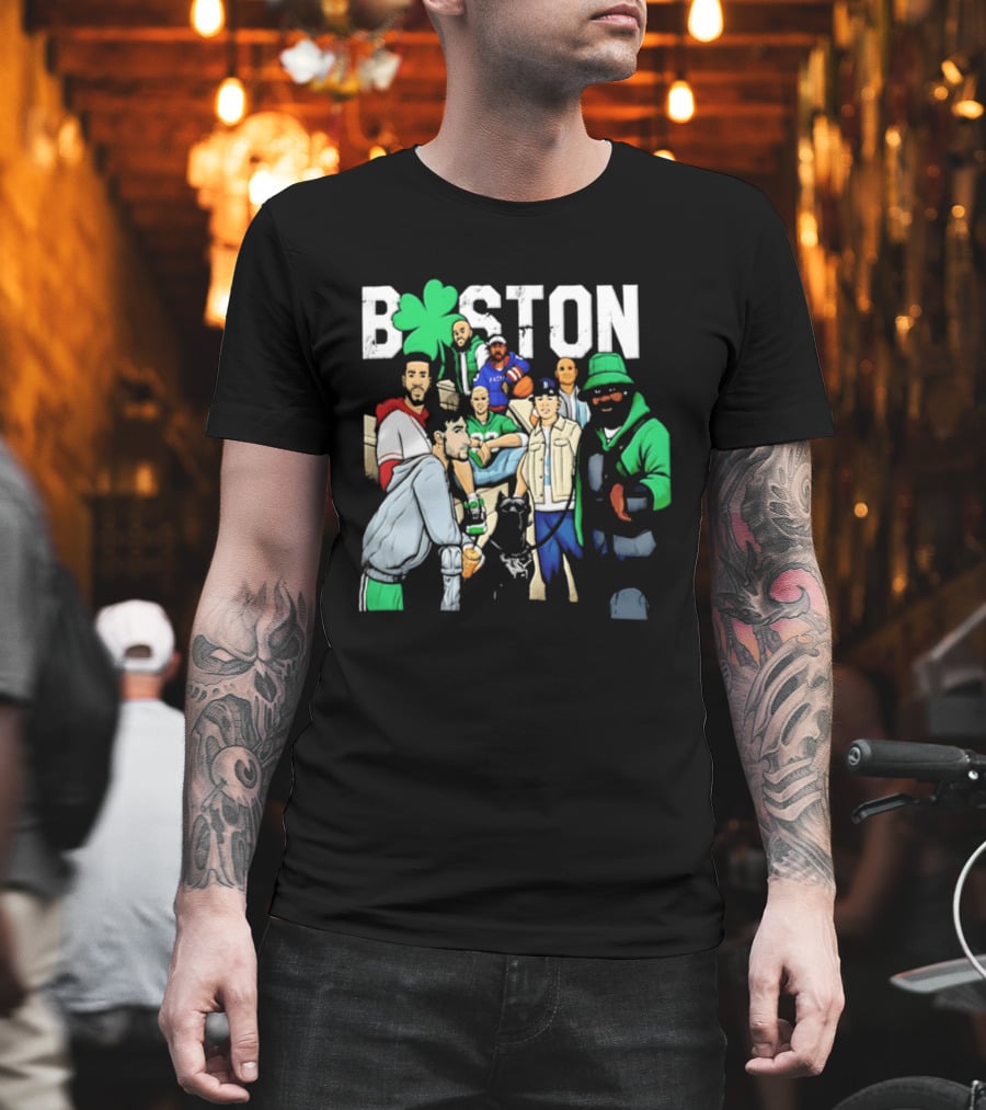 Boston Celtics Patriots Players With Shamrock And Boston T-Shirt