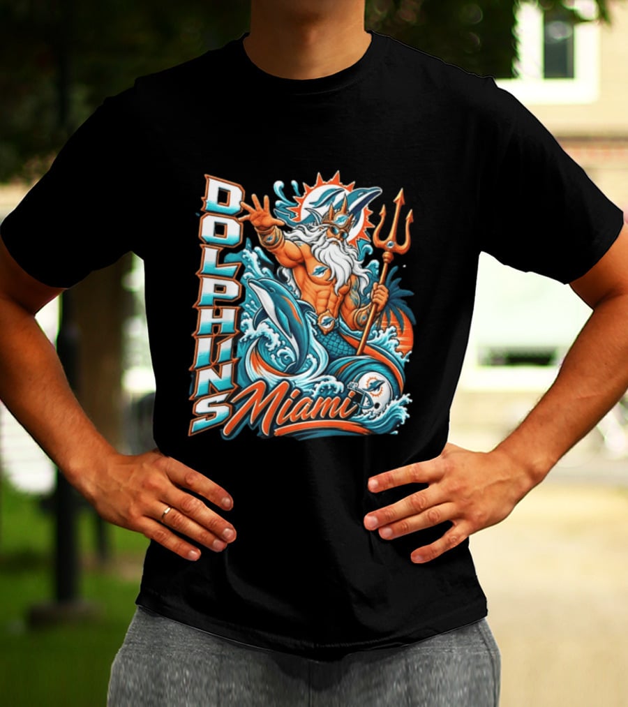 Miami Dolphins King Triton Ocean Waves Trident Dolphins T-Shirt