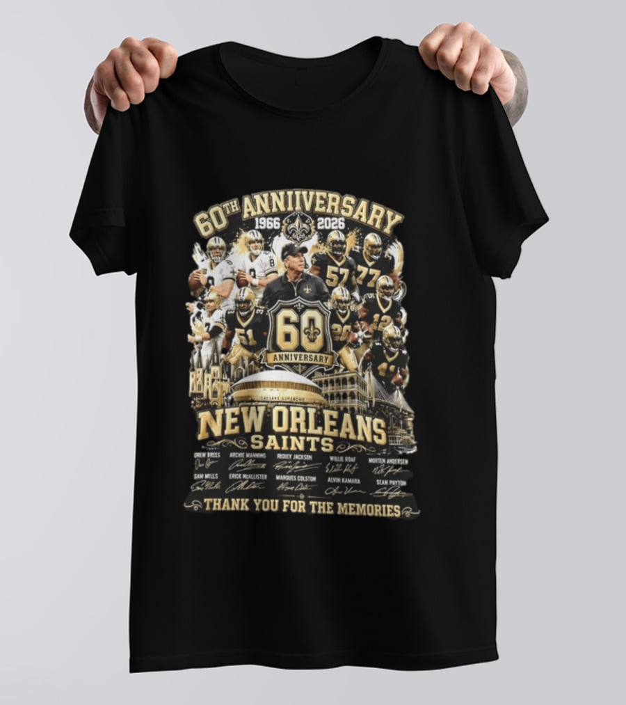 60th Anniversary 1966 2026 New Orleans Saints Thank You For The Memories Drew Brees Archie Manning Ricky Jackson T-Shirt