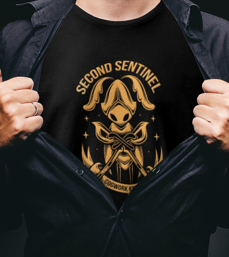 Second Sentinel Cogwork Knight Horned Insect Warrior Crossed Swords T-Shirt
