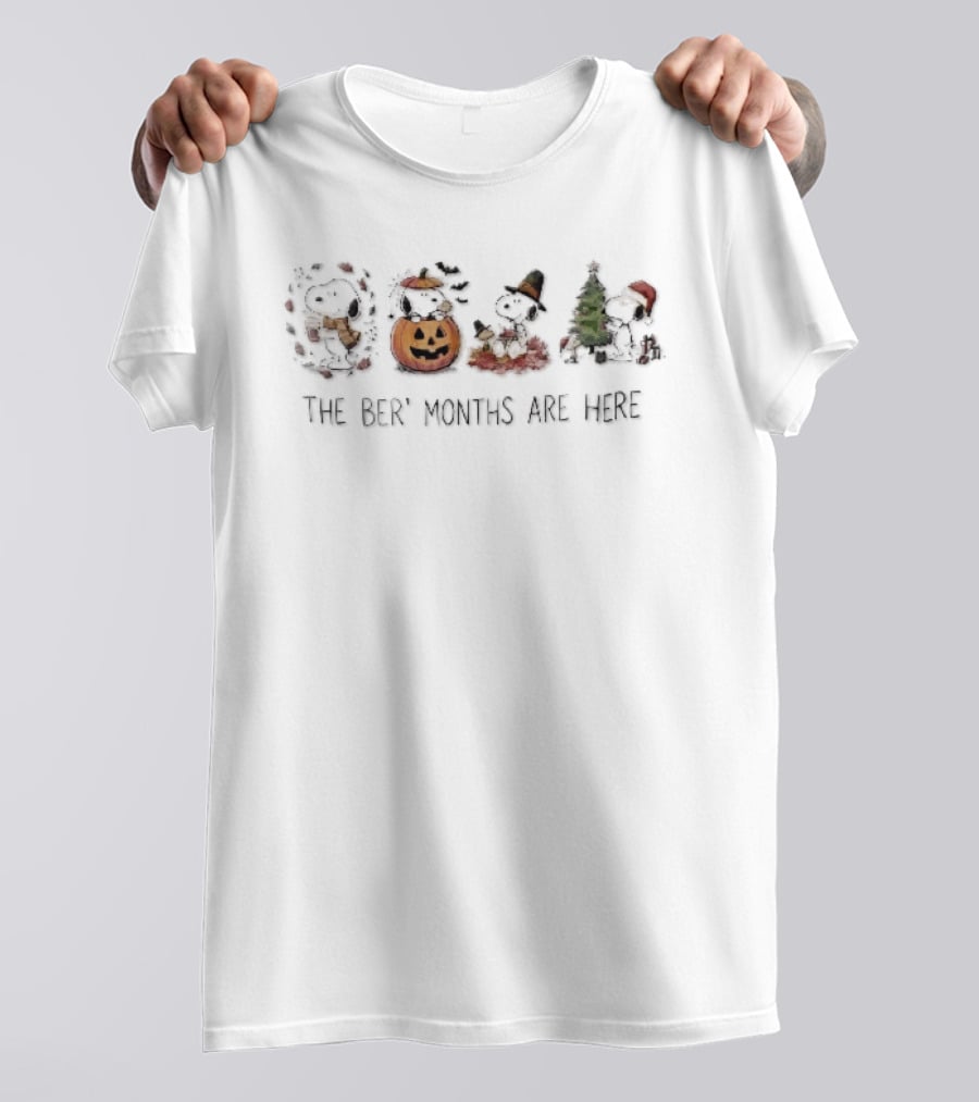 The Ber Months Are Here Snoopy Woodstock Pumpkin Halloween Thanksgiving Christmas Tree Seasons T-Shirt