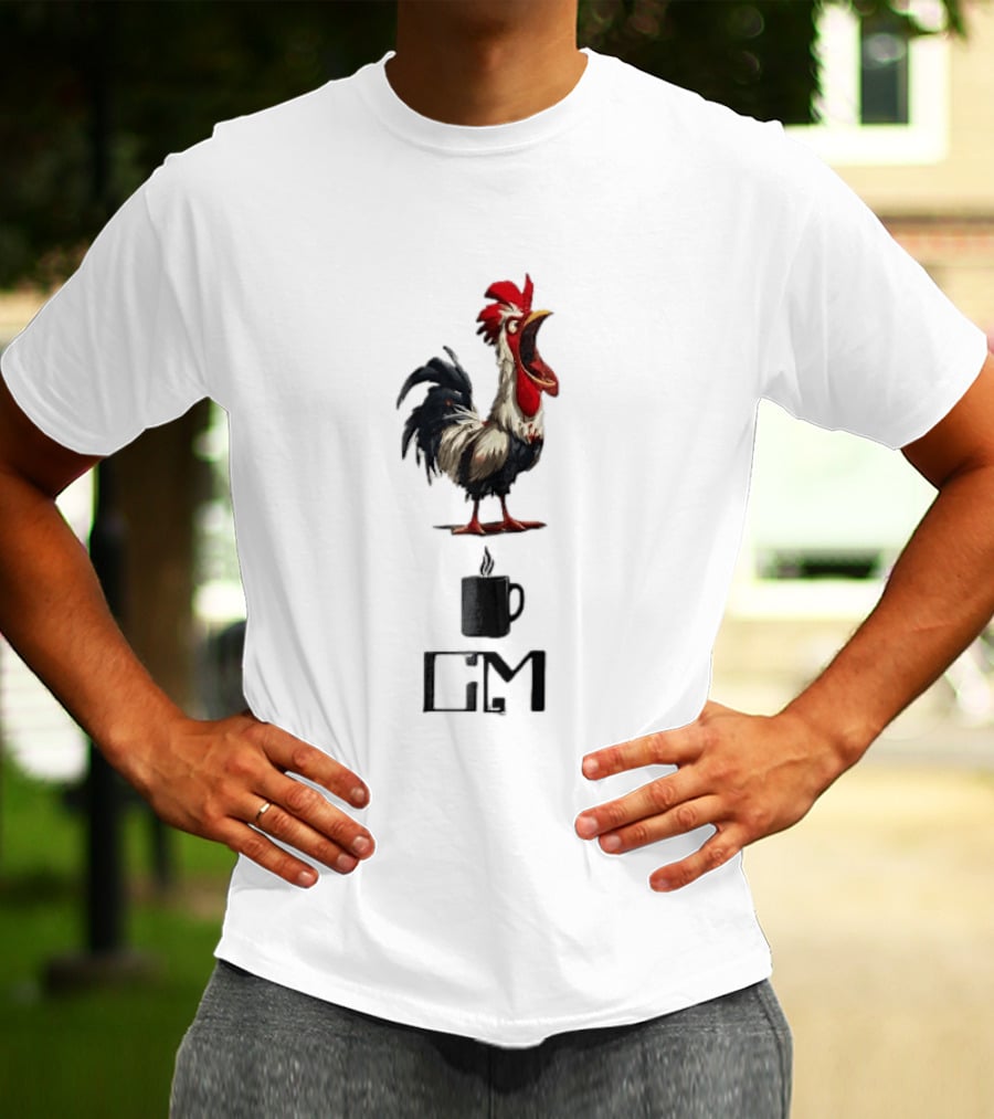 GM Cartoon Crowing Rooster Steaming Black Coffee T-Shirt