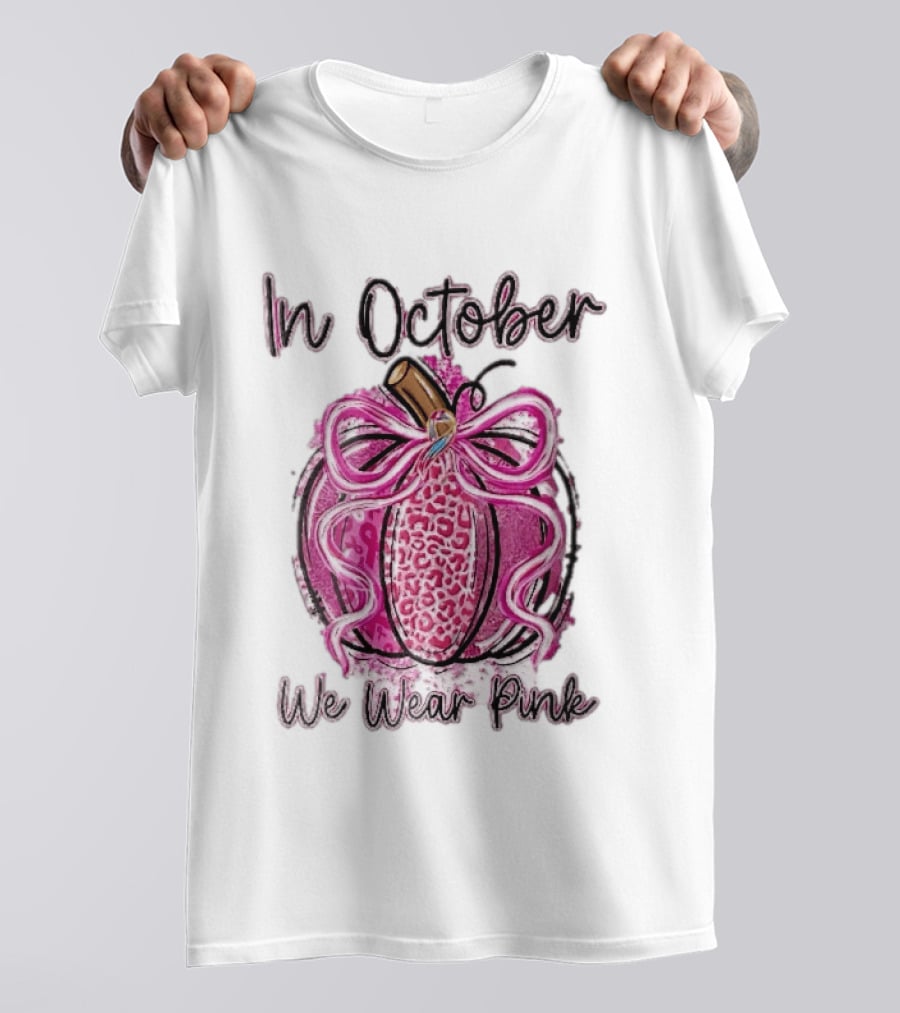 In October We Wear Pink Leopard Pumpkin Breast Cancer Ribbon Bow T-Shirt