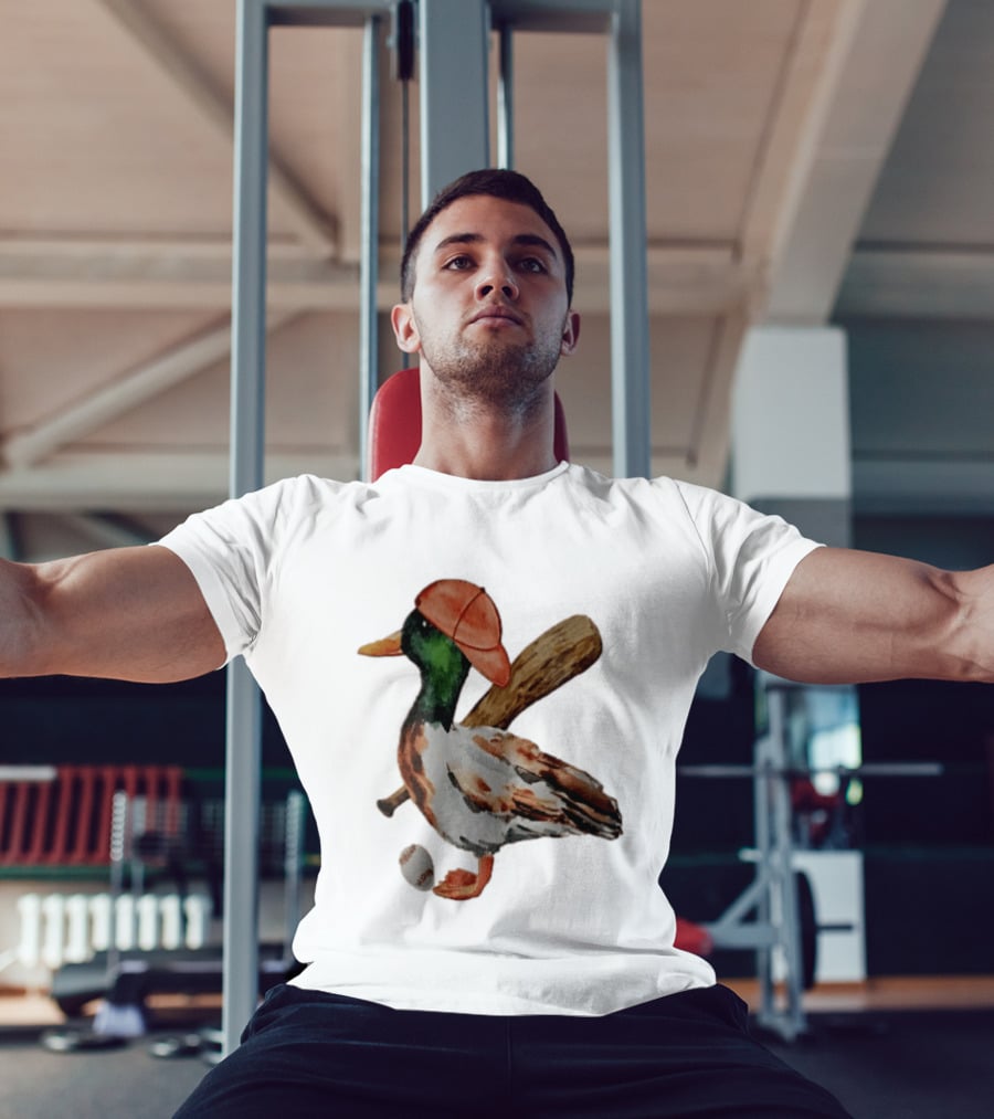 Mallard Duck Baseball Player Red Cap Wooden Bat Watercolor Mallard T-Shirt