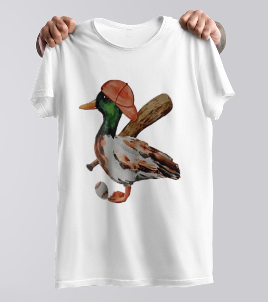 Mallard Duck Baseball Player Red Cap Wooden Bat Watercolor Mallard T-Shirt
