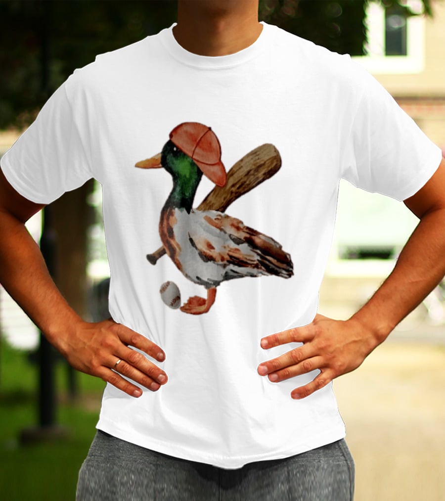 Mallard Duck Baseball Player Red Cap Wooden Bat Watercolor Mallard T-Shirt