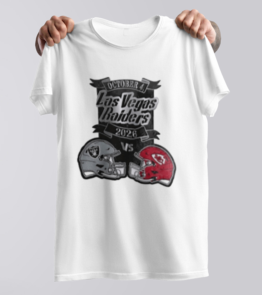 Las Vegas Raiders Vs 2026 October 4 Red Silver Opposing Football Helmets T-Shirt