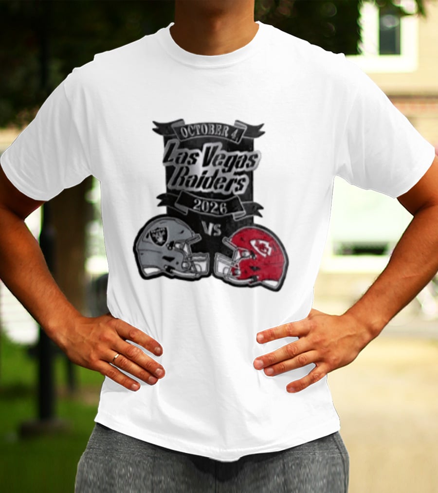 Las Vegas Raiders Vs 2026 October 4 Red Silver Opposing Football Helmets T-Shirt