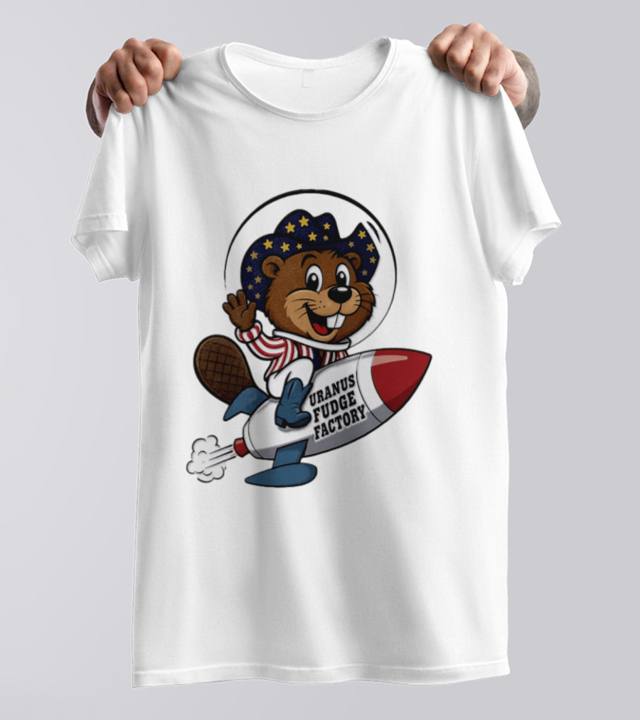 Uranus Fudge Factory Patriotic Beaver Riding Rocket T-Shirt