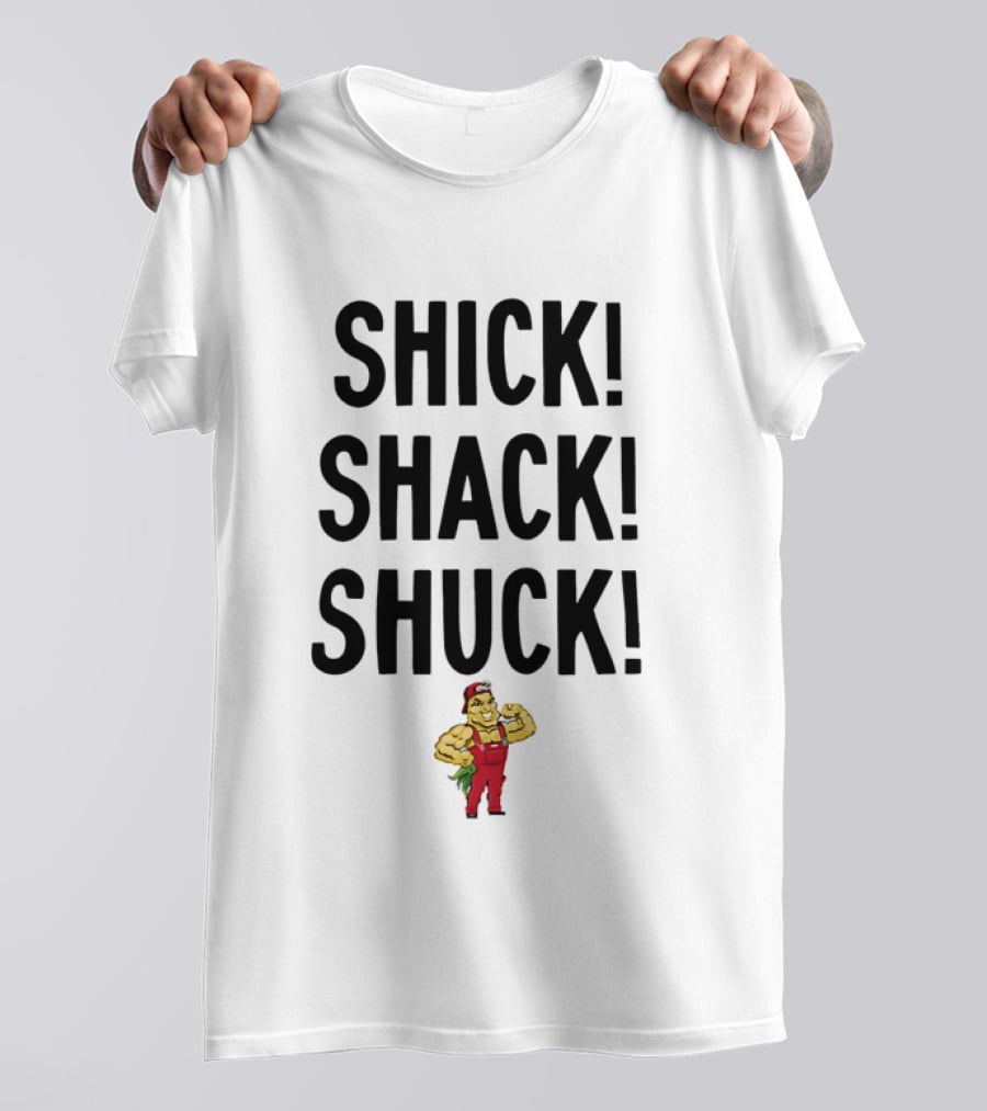 SHICK SHACK SHUCK Strongman Red Overalls Cartoon T-Shirt