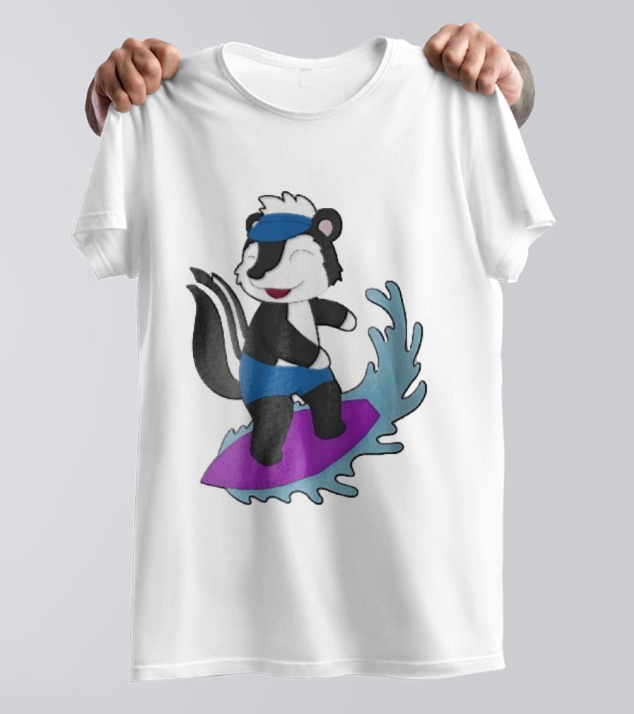 Skunk Surfing Cartoon On Purple Surfboard With Blue Waves And Summer Vibes T-Shirt