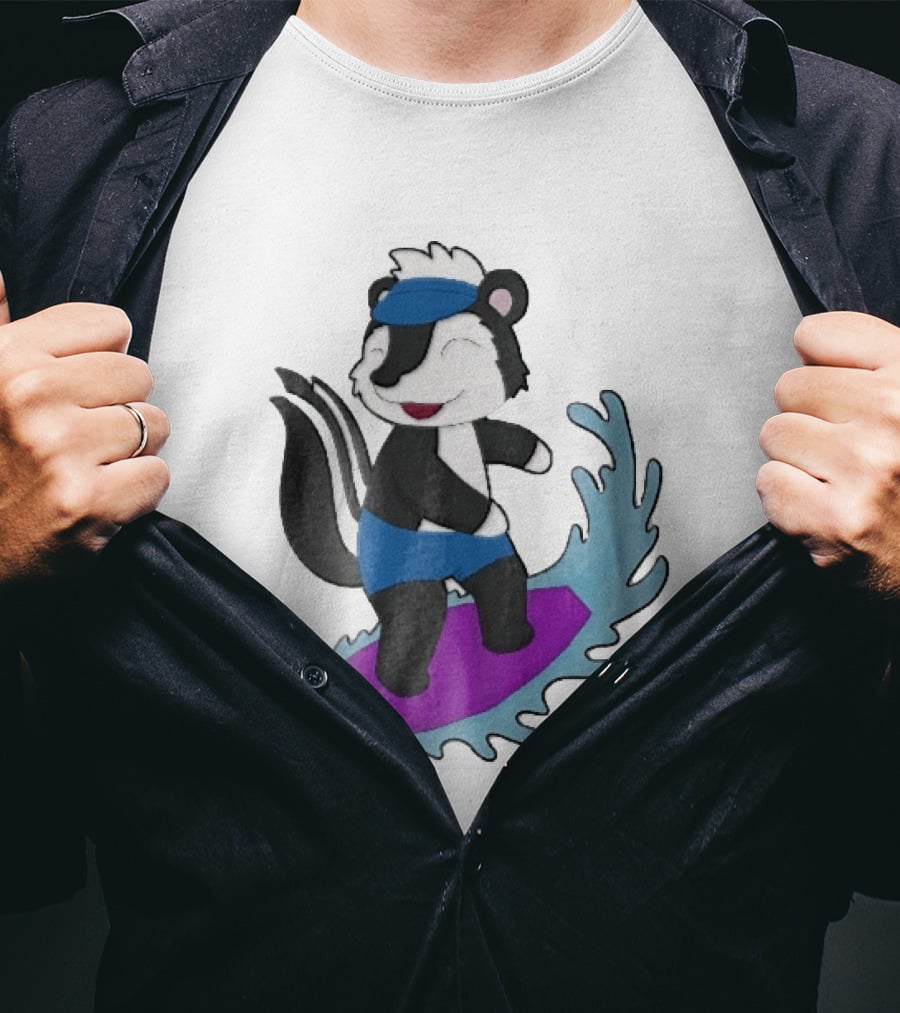 Skunk Surfing Cartoon On Purple Surfboard With Blue Waves And Summer Vibes T-Shirt