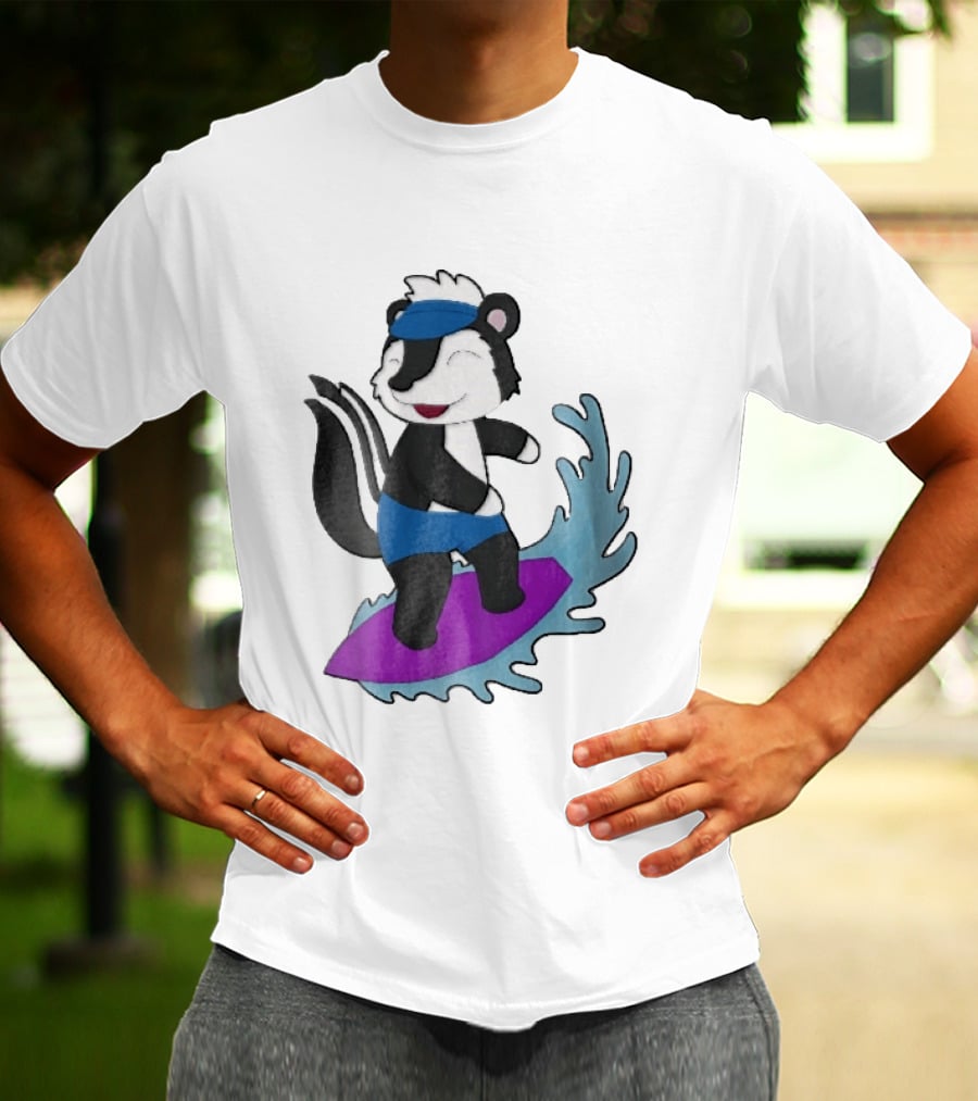 Skunk Surfing Cartoon On Purple Surfboard With Blue Waves And Summer Vibes T-Shirt