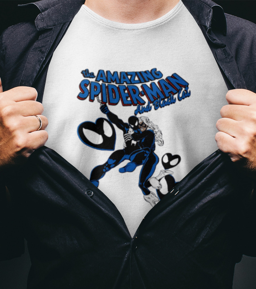 The Amazing Spider Man Hugs Black Cat With Hearts T-Shirt