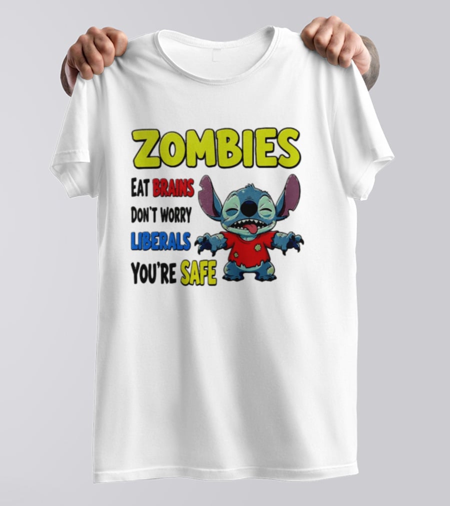 Zombies Eat Brains Don't Worry Liberals You're Safe Stitch Cartoon Creature Stitched Red T-Shirt