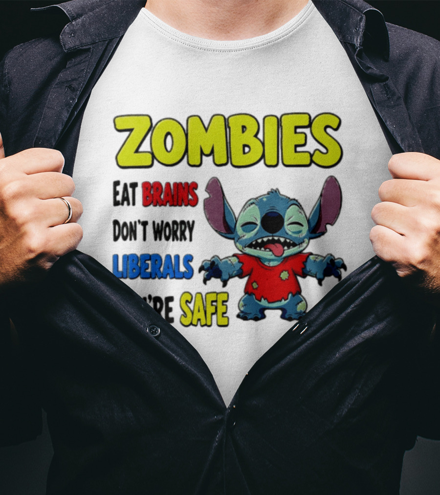 Zombies Eat Brains Don't Worry Liberals You're Safe Stitch Cartoon Creature Stitched Red T-Shirt