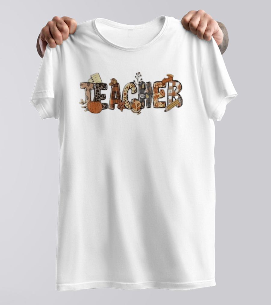 Teacher Fall Autumn Pumpkin Globe Pencil Pie Slice T-Shirt