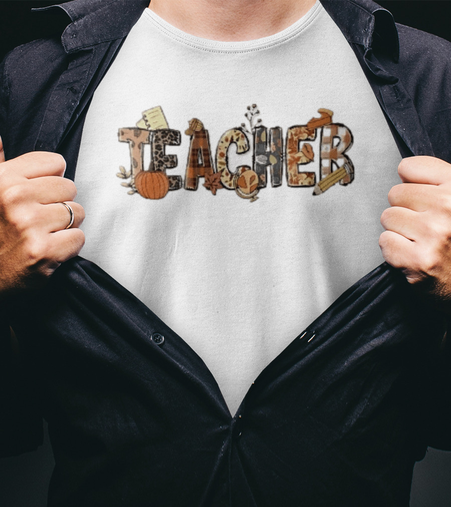 Teacher Fall Autumn Pumpkin Globe Pencil Pie Slice T-Shirt