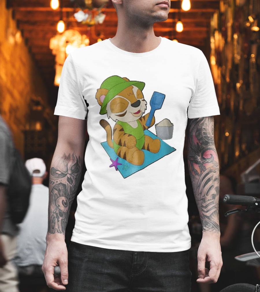 Playful Tiger Beach Sand Adventure Summer Scene T-Shirt