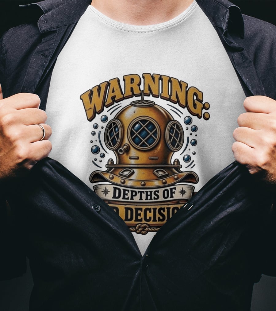 Warning Depths Of Bad Decisions Vintage Diving Helmet Adventure T-Shirt