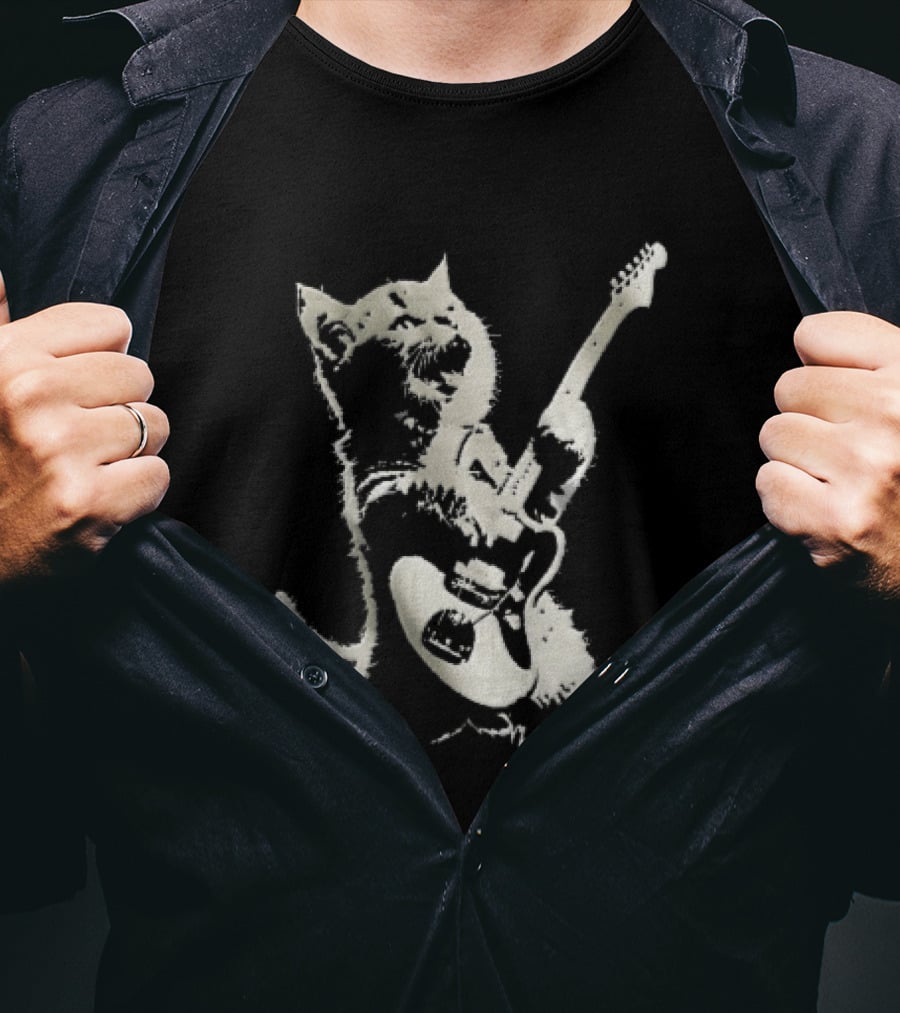 Cat Playing Electric Guitar Rocker Meowing Stencil Splatter Black And White T-Shirt