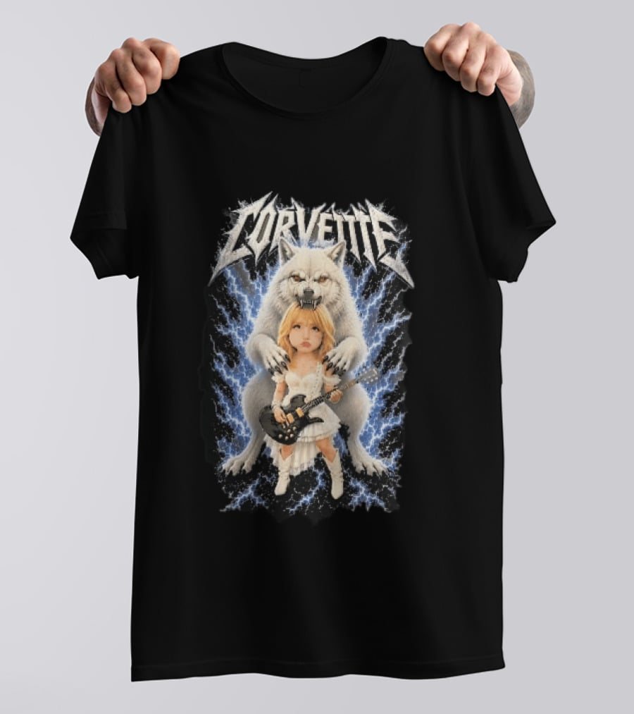 Corvette Chibi Blonde With Electric Guitar White Wolf And Lightning Heavy Metal T-Shirt